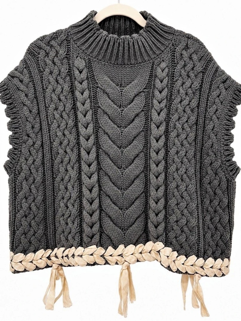 Zara Charcoal Cable Knit Artisan Sweater Vest Fringe Boho Cottagecore SZ Medium - Picture 1 of 15